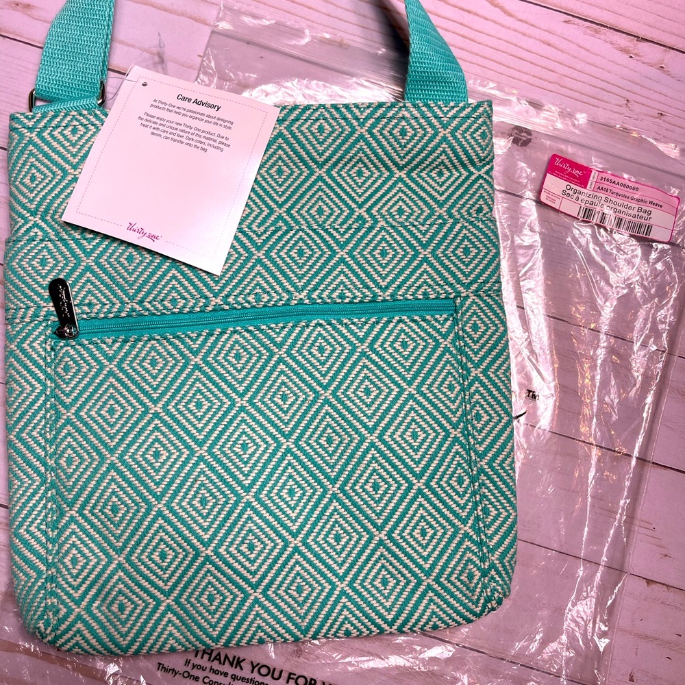 Thirty one organizing shoulder bag - turquoise graphic weave